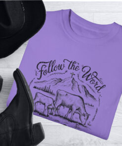 Picture of cowboy boots and hat with violet colored comfort colors t-shirt - Follow The Word