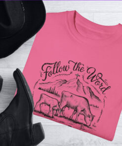 Picture of cowboy boots and hat with crunchberry colored comfort colors t-shirt - Follow The Word