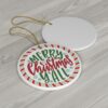 Round ornament with 'Merry Christmas Y'all' in festive green and red script, surrounded by candy cane stripes and snowflakes