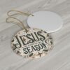 Christmas Ornament with vintage design, 'Jesus: The Reason for the Season,' holly leaves, berries, and earthy background