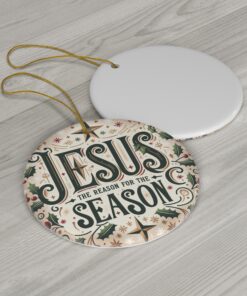 Christmas Ornament with vintage design, 'Jesus: The Reason for the Season,' holly leaves, berries, and earthy background