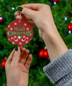 Elegant red, white, and green round Merry Christmas Ornament