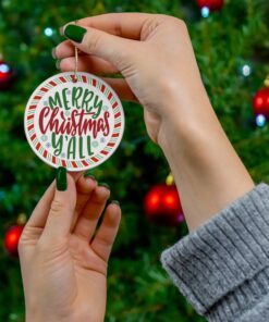 Round ornament with 'Merry Christmas Y'all' in festive green and red script, surrounded by candy cane stripes and snowflakesRound ornament with 'Merry Christmas Y'all' in festive green and red script, surrounded by candy cane stripes and snowflakes