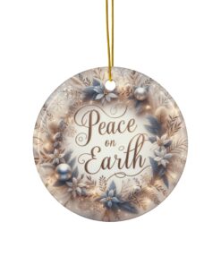 Christmas ornament is designed in a light gray and beige palette with the words Merry Christmas on it.