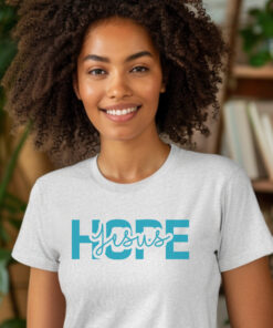 Ash colored Gildan 5000 T-shirt words Hope in Jesus in blue letters