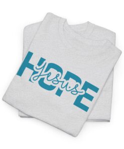 Ash-Gildan-5000-T-shirt-words-Hope-in-Jesus-in-blue-letters