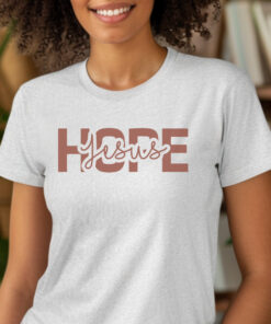 Ash-Gildan-5000-T-shirt-words-Hope-in-Jesus-in-brown-letters