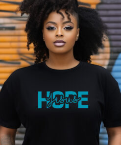 Black Gildan 5000 T-shirt words Hope in Jesus in blue letters