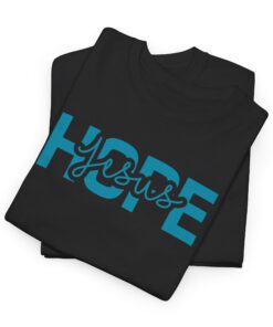 Black-Gildan-5000-T-shirt-words-Hope-in-Jesus-in-blue-letters