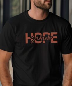 Black-Gildan-5000-T-shirt-words-Hope-in-Jesus-in-brown-letters