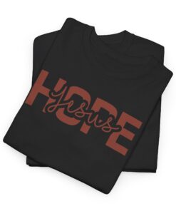 Black-Gildan-flat-fold-5000-T-shirt-words-Hope-in-Jesus-in-brown-letters