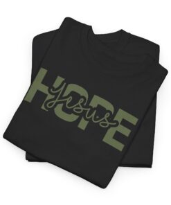 Black-Gildan-flat-fold-5000-T-shirt-words-Hope-in-Jesus-in-green-letters