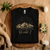 Black folded t-shirt with picture of night sky and the quote, "Stars Were Made to Worship "