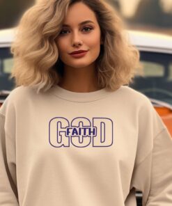 Sand colored Gildan 1800 sweatshirt with the word Faith nestled in the word God