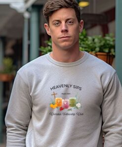 Sport grey sweatshirt with Three faith-inspired juice glasses: Joyful Juice (orange with a cross), Blessed Berry (pink with a dove), and Graceful Green (green with a fish).