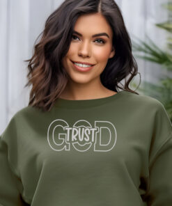 Military green colored Gildan 1800 sweatshirt with "Trust in God " Quote