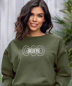 Military green sweatshirt with the word 