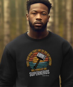 Black Gildan 1800 sweatshirt with superhero design inspired by Isaiah 40:31