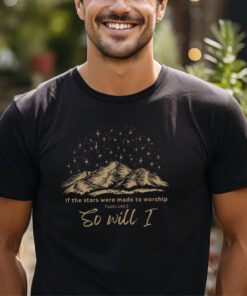 Black t-shirt with picture of night sky in gold and the quote, "Stars Were Made to Worship "