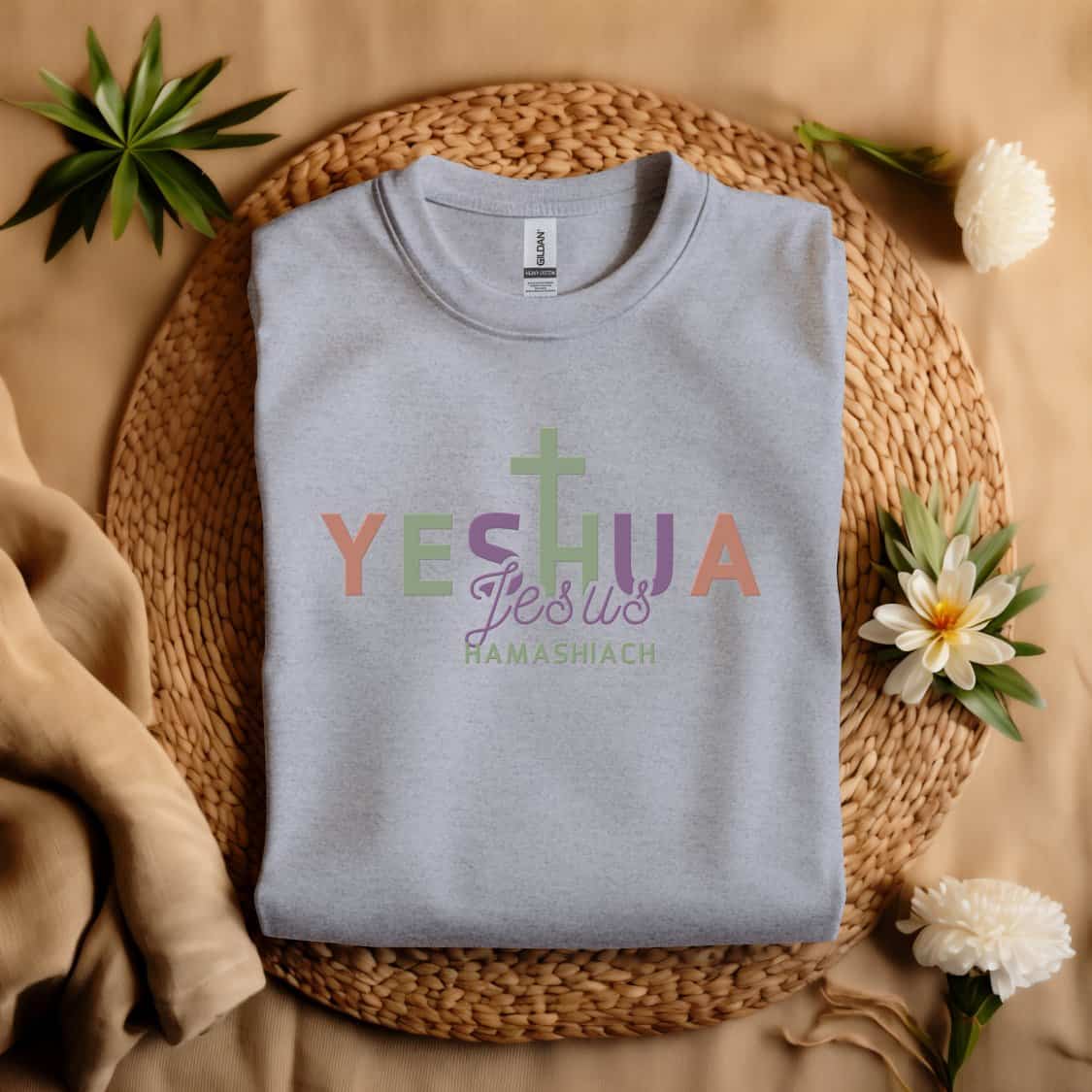Sport-Grey-Gildan_5000_T-Shirt_Folded_S1-2-Yeshua-Jesus-HaMashiach-written-in-multiple-colors