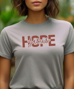 Sports-Grey-Gildan-5000-T-shirt-words-Hope-in-Jesus-in-brown-letters.