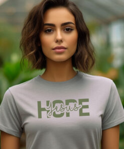 Sports-Grey-Gildan-5000-T-shirt-words-Hope-in-Jesus-in-green-letters