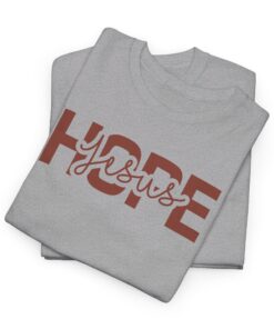 Sports-Grey-Gildan-flat-fold-5000-T-shirt-words-Hope-in-Jesus-in-brown-letters