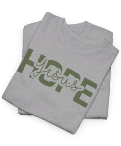 Sports-Grey-Gildan-flat-fold-5000-T-shirt-words-Hope-in-Jesus-in-green-letter