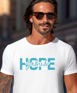 White Gildan 5000 T-shirt words Hope in Jesus in blue letters