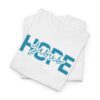 White-Gildan-5000-T-shirt-words-Hope-in-Jesus-in-blue-letters