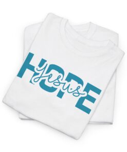 White-Gildan-5000-T-shirt-words-Hope-in-Jesus-in-blue-letters