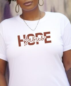 White-Gildan-5000-T-shirt-words-Hope-in-Jesus-in-brown-letters