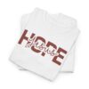 White-Gildan-flat-fold-5000-T-shirt-words-Hope-in-Jesus-in-brown-letters