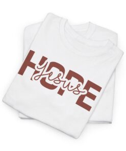 White-Gildan-flat-fold-5000-T-shirt-words-Hope-in-Jesus-in-brown-letters