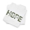 White-Gildan-flat-fold-5000-T-shirt-words-Hope-in-Jesus-in-green-letters