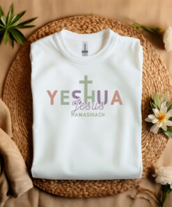 White-flat-lay-T-Shirt-with-Yeshua-Jesua-HaMashiach-written-in-multiple-colors.