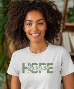 ash-Gildan-5000-T-shirt-words-Hope-in-Jesus-in-green-letters