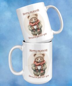 15 oz Ceramic Coffee Cup with picture of bear with the words Merry Moments