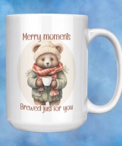 15 oz Ceramic Coffee Cup with picture of bear with the words Merry Moments