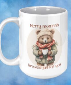 15 oz Ceramic Coffee Cup with picture of bear with the words Merry Moments