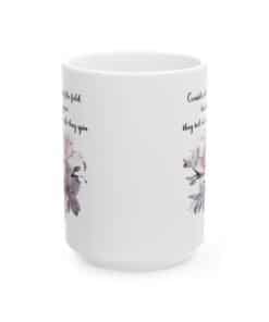 Front view of White ceramic mug with the phrase 