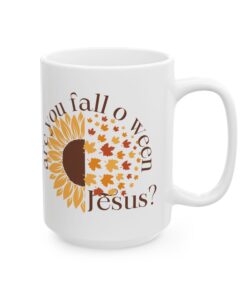 Back view of white ceramic coffee mug with the phrase “Are You Fall-o-Ween Jesus?” in festive fall colors. Features a playful Christian theme for fall.