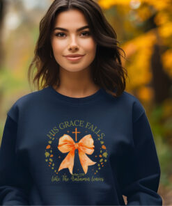 Woman in Navy Colored Gildan 1800 Sweatshirt with Design that says His Grace Falls Like The Autumn Leaves