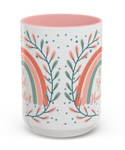 15 0z. Christian coffee mug with 'Let God Handle It' quote, rainbow design, and leafy accents – perfect for inspiration and faith-filled mornings.