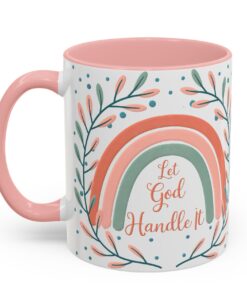 11 oz. Christian coffee mug with 'Let God Handle It' quote, rainbow design, and leafy accents – perfect for inspiration and faith-filled mornings.