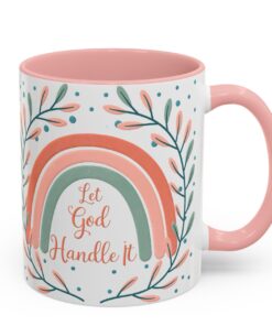 11 oz. Christian coffee mug with 'Let God Handle It' quote, rainbow design, and leafy accents – perfect for inspiration and faith-filled mornings.