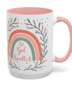 15 0z. Christian coffee mug with 'Let God Handle It' quote, rainbow design, and leafy accents – perfect for inspiration and faith-filled mornings.