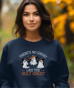 Woman in Navy Colored Gildan 1800 Sweatshirt There's no Ghost Like The Holy Ghost