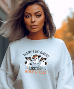 Woman in white Gildan 1800 sweatshirt There's no Ghost Like the Holy Ghost