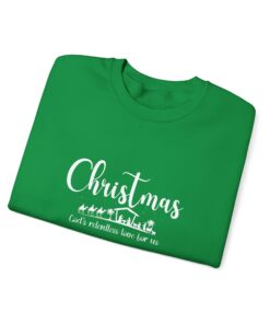 an-Irish-green-colored-Gildan-1800-Sweatshirt-that-saysChristmas-Gods-Relentless-Love-For-Us